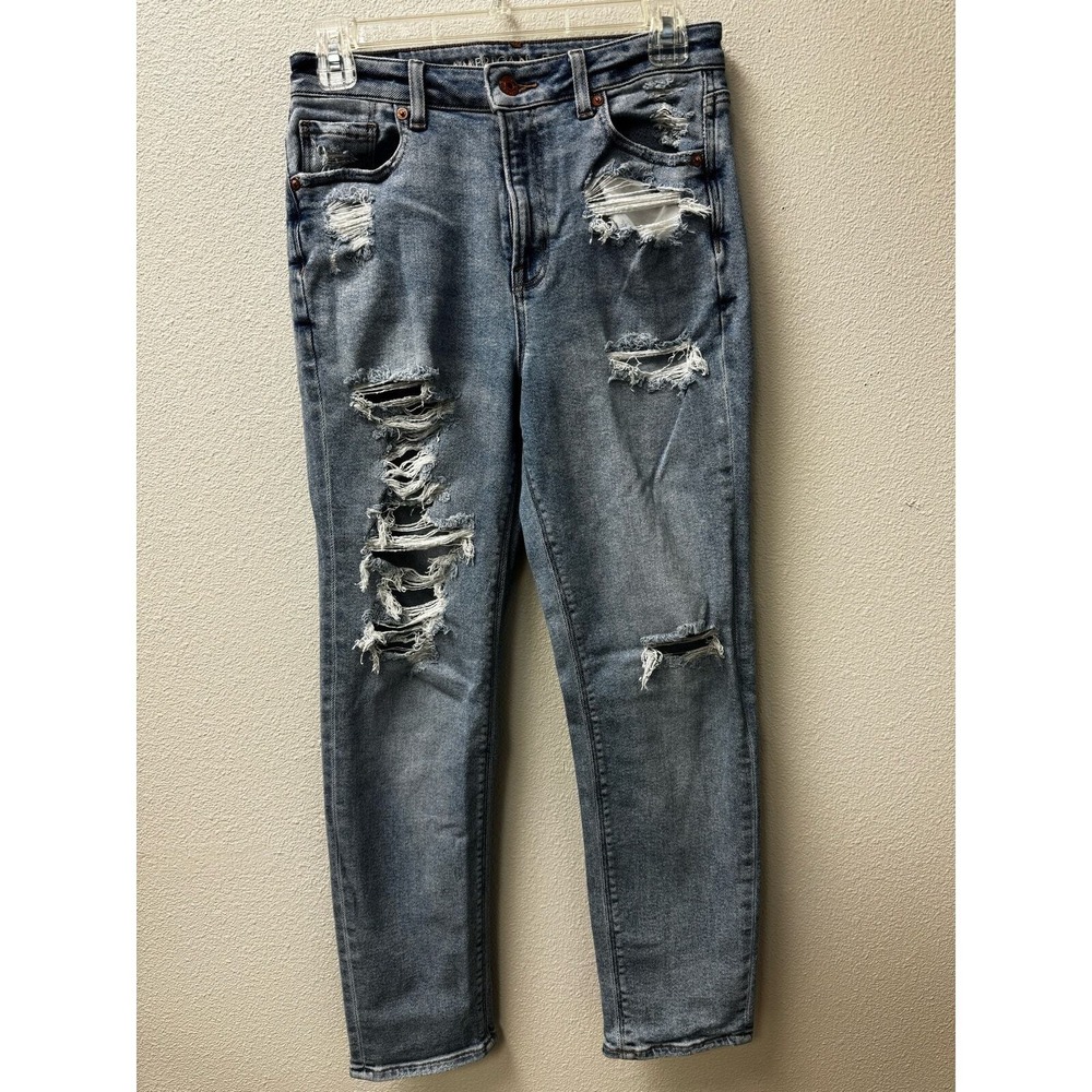 American Eagle Women's Mom Jeans‎ Stretch Ripped Distressed Light Wash Denim
